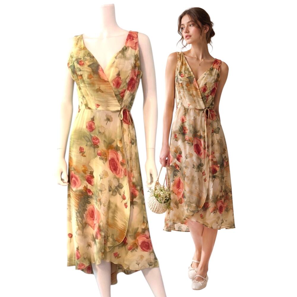 Mario Balthazar Floral Wrap Dress Size 4 Midi Watercolor Romantic Fairycore Boho